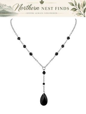 Stainless Steel Onyx Teardrop Y Necklace Handmade Goth Jewelry Gift for Women